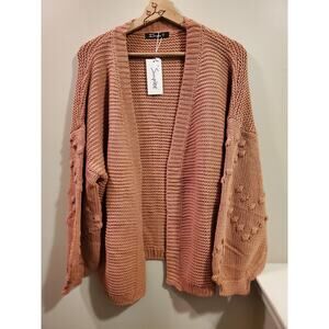 Heart Pom Balloon Sleeve Knit Cardigan in Dusty Pink